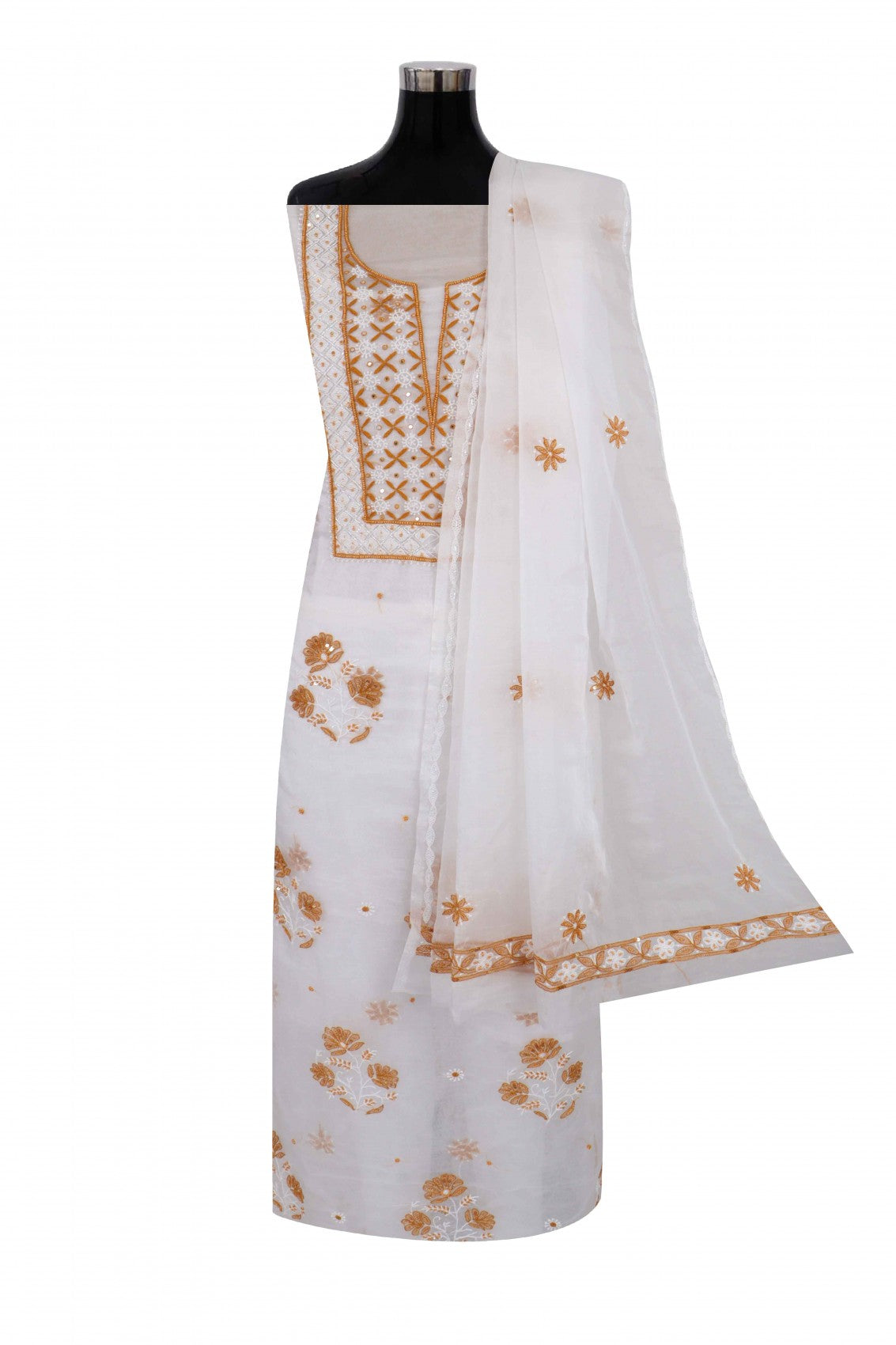 Ada Hand Embroidered White Organza Lucknowi Chikankari Unstitched Kurta Dupatta Set With Pearl Work 01A91594