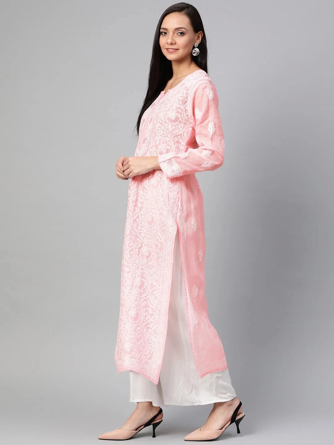 Ada Hand Embroidered Peach Cotton Lucknowi Chikankari Straight Kurta A100539