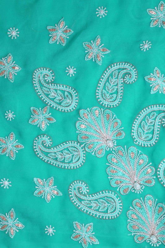 Ada Hand Embroidered Turquoise Blue Georgette Lucknowi Chikankari Saree/Blouse With Gota Patti Work A567451
