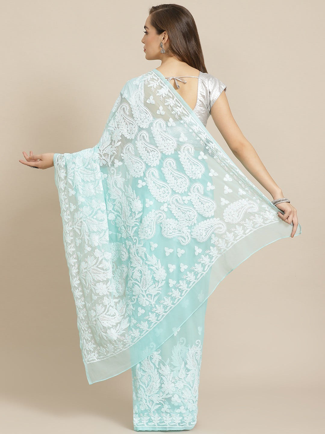 Ada Hand Embroidered Sea Green Georgette Lucknow Chikan Saree with Blous A311279