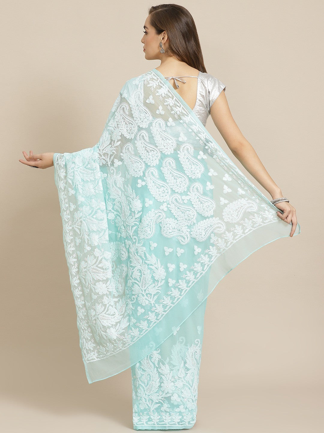 Ada Hand Embroidered Sea Green Georgette Lucknow Chikan Saree with Blous A311279