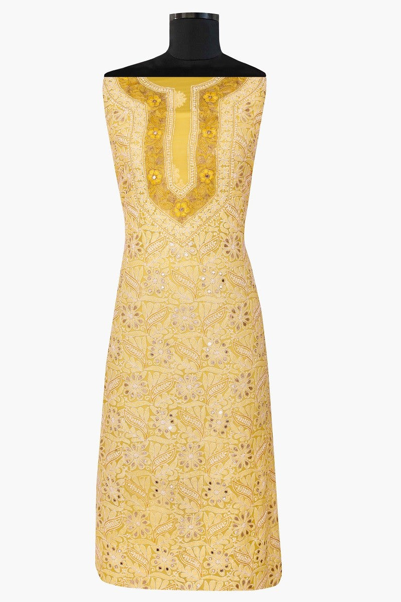 Ada Hand Embroidered Sunglow Yellow Georgette Lucknowi Chikan Unstitched Kurta Dupatta with Gota patti Work A576962
