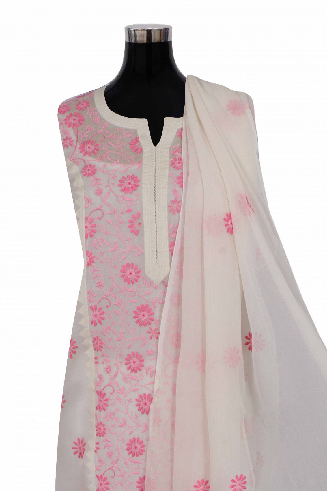 Ada Hand Embroidered Cream Organza Lucknowi Chikankari Unstitched Kurta Dupatta Set 01A264423