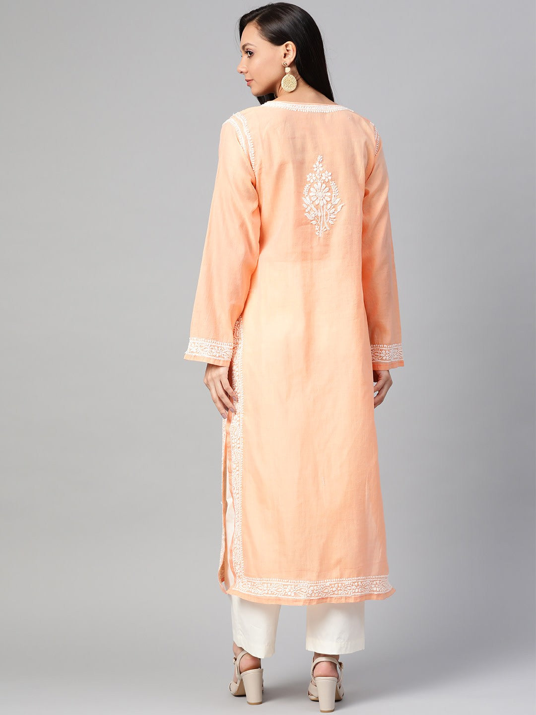 Ada Hand Embroidered Peach Chanderi Lucknowi Chikankari Straight Kurta A100484