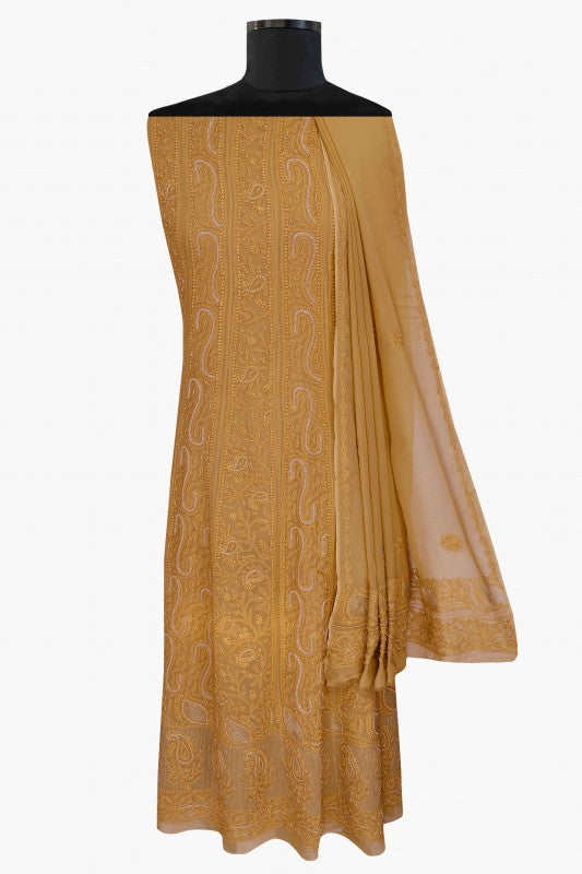 Ada Hand Embroidered Fawn Georgette Semi-stitched Anarkali Kurta Dupatta With Pearl Work- A484666