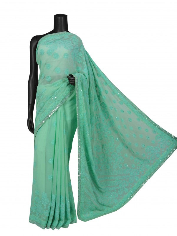 Ada Hand Embroidered Mint Green Georgette Lucknowi Chikankari Saree/Blouse With Pearl Work 01A138520