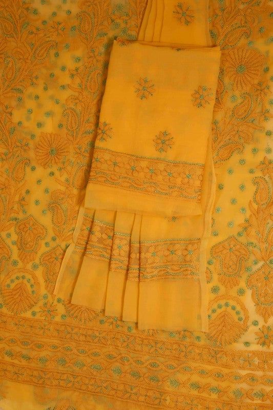 Ada Hand Embroidered Mustard Georgette Lucknowi Chikan Unstitched Suit Piece-A211181