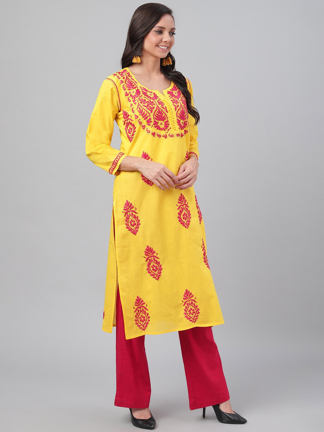 Ada Hand Embroidered Yellow Cotton Lucknowi Chikankari Straight Kurta A357848
