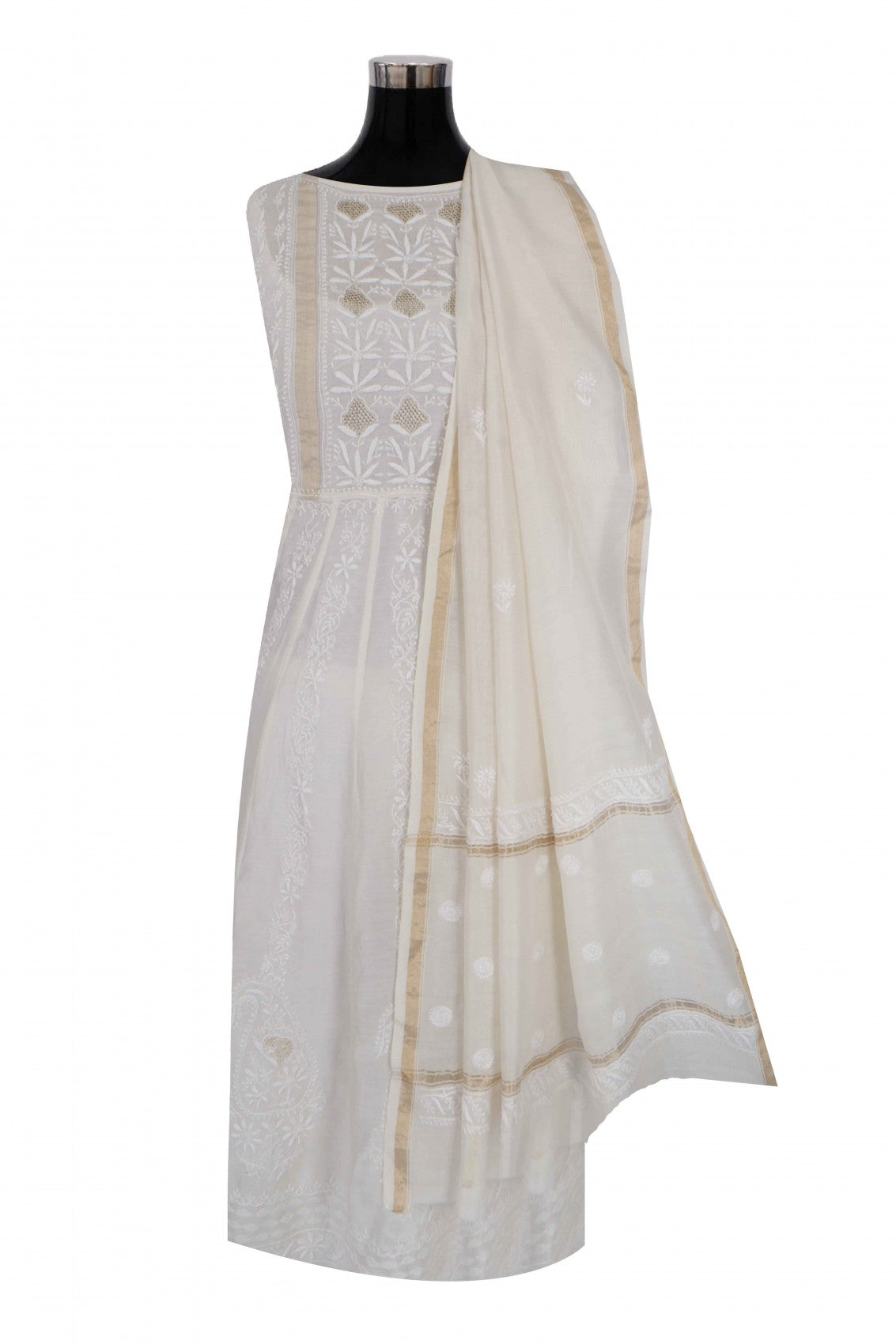 Ada Hand Embroidered Off White Chanderi Lucknowi Chikankari Semi-Stitched Anarkali Kurta Dupatta Set With Zari Work 01A264077