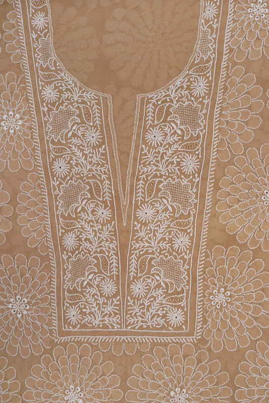 Ada Hand Embroidered Fawn Pure Georgette Lucknowi Chikan Unstitched Kurta Dupatta Set A489983