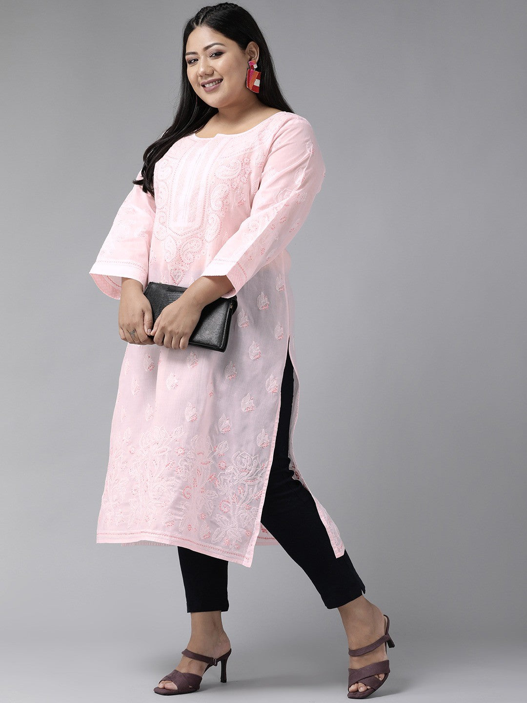 Ada Hand Embroidered Pink Cotton Lucknowi Chikankari Straight Kurta  A221041