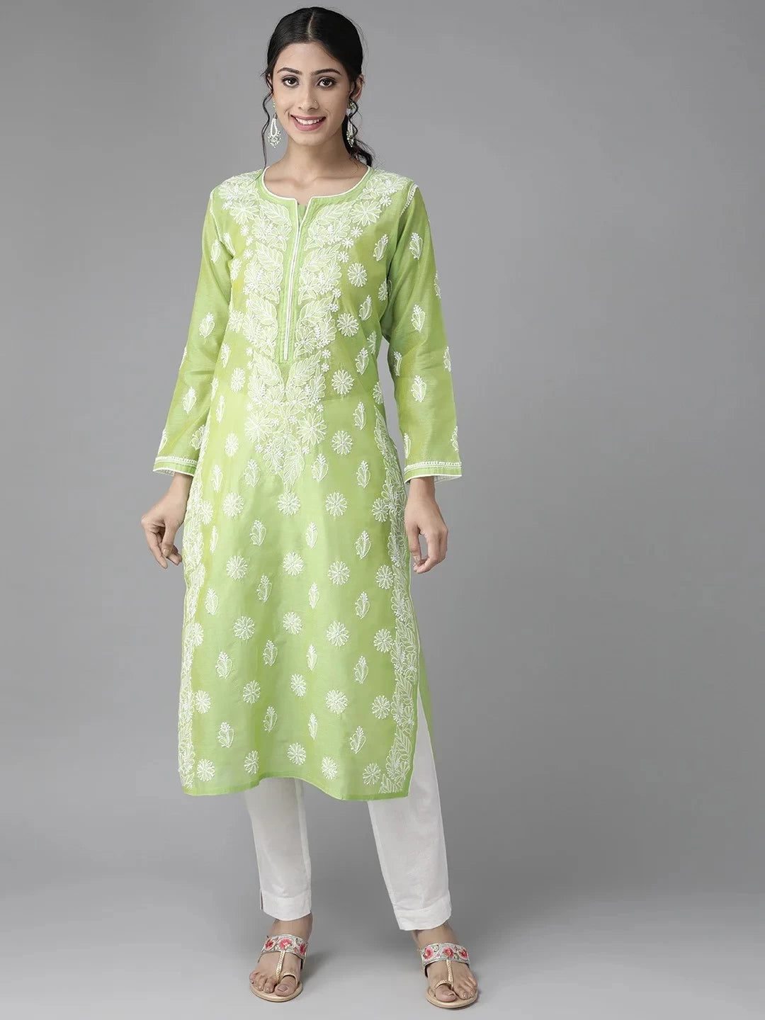 Ada Hand Embroidered Green Chanderi Lucknowi Chikankari Straight Kurta  A411174