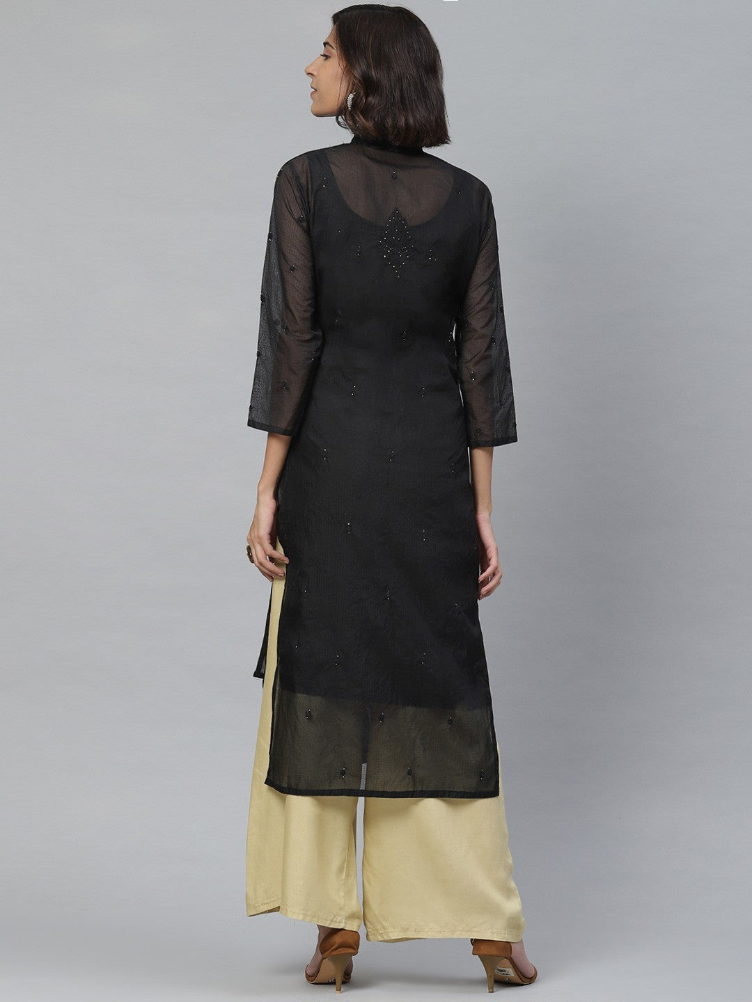 Ada Hand Embroidered Black Kota Lucknowi Chikankari Straight Kurta/Slip with Muqaish Work A411126