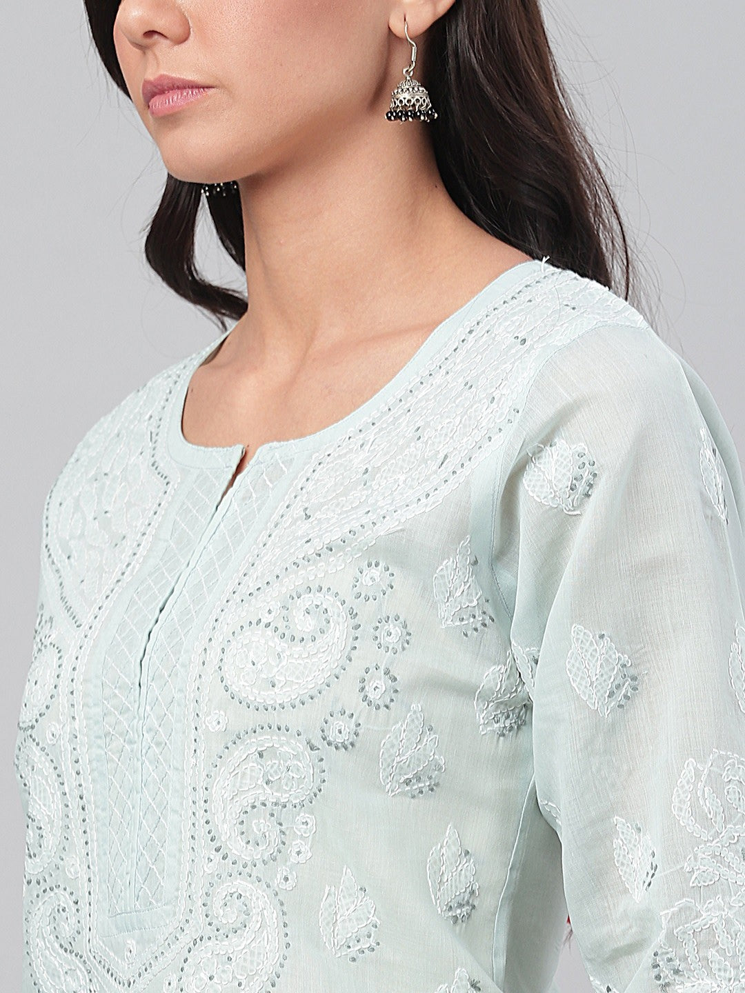 Ada Hand Embroidered Grey Cotton Lucknowi Chikankari Straight Kurta A230001