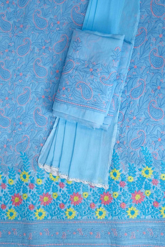 Ada Hand Embroidered Blue Cotton Lucknowi Chikan Unstitched Suit Piece-A100166