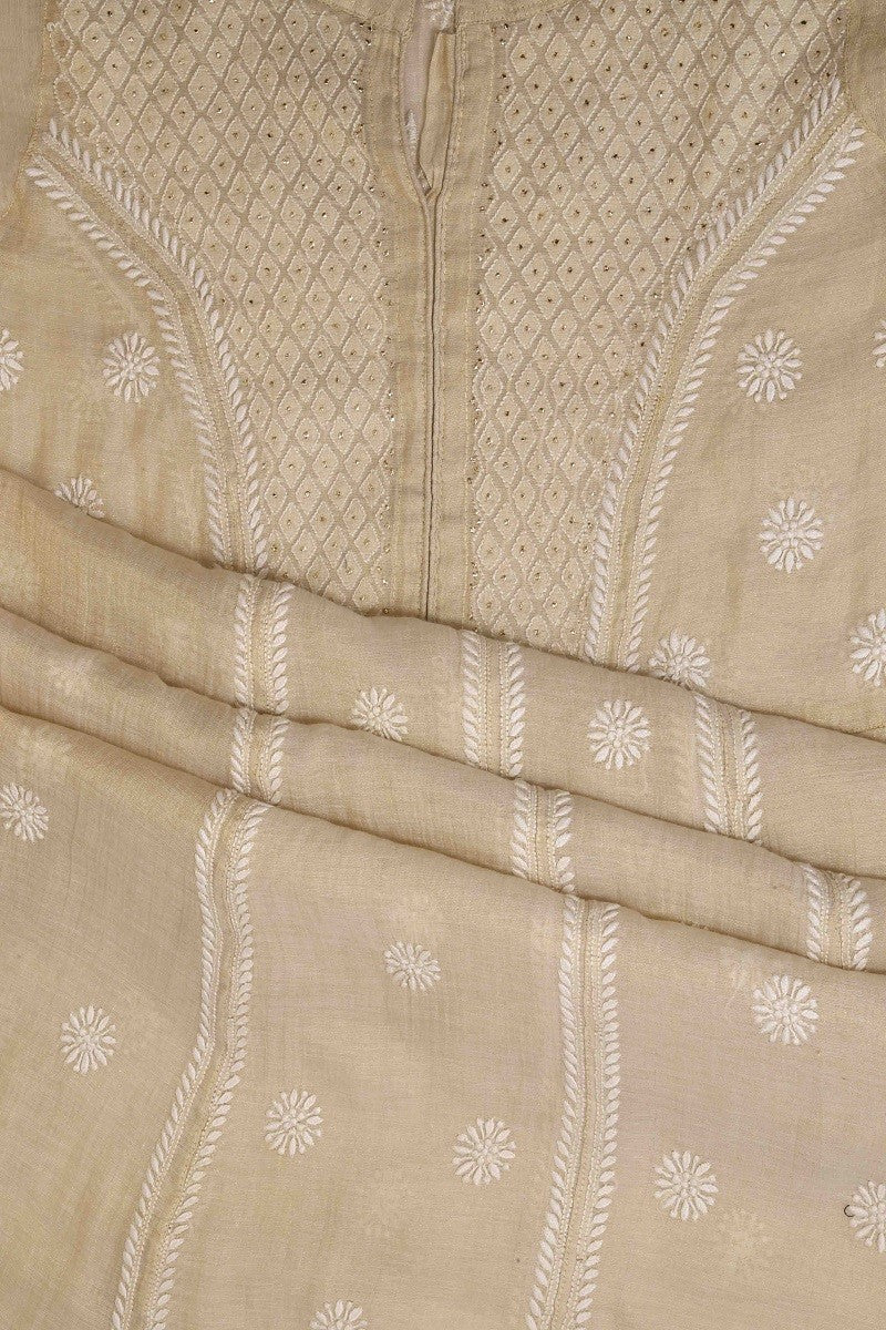 Ada Hand Embroidered Natural Fawn Tissue Lucknowi Chikan Semi-Stitched Kurta Piece With Muqaish Work-A575203