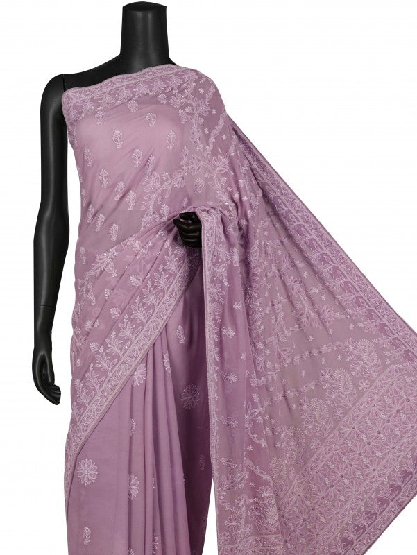 Ada Hand Embroidered Mauve Pure Georgette Lucknowi Chikankari Saree/Blouse with Pearl Work A534050