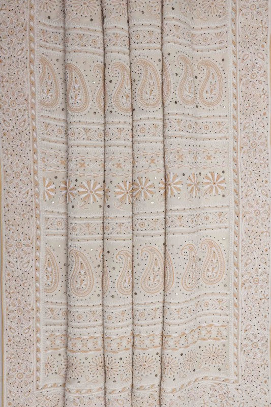 Ada Hand Embroidered Macaroon Cream Pure Georgette Lucknow Chikan Saree/Blouse With Muqaish Work- A61316