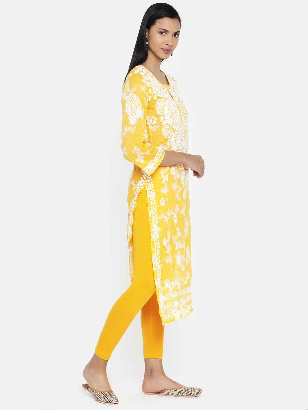 Ada Hand Embroidered Yellow Cotton Lucknowi Chikankari Straight Kurta A100208