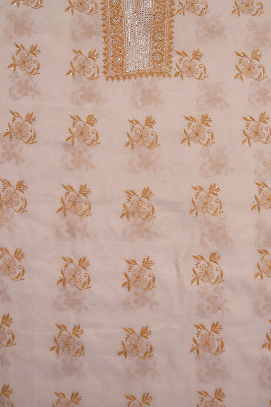 Ada Hand Embroidered Natural Fawn Tissue Lucknowi Chikankari Unstitched Suit Piece With Muqaish Work 01A27069