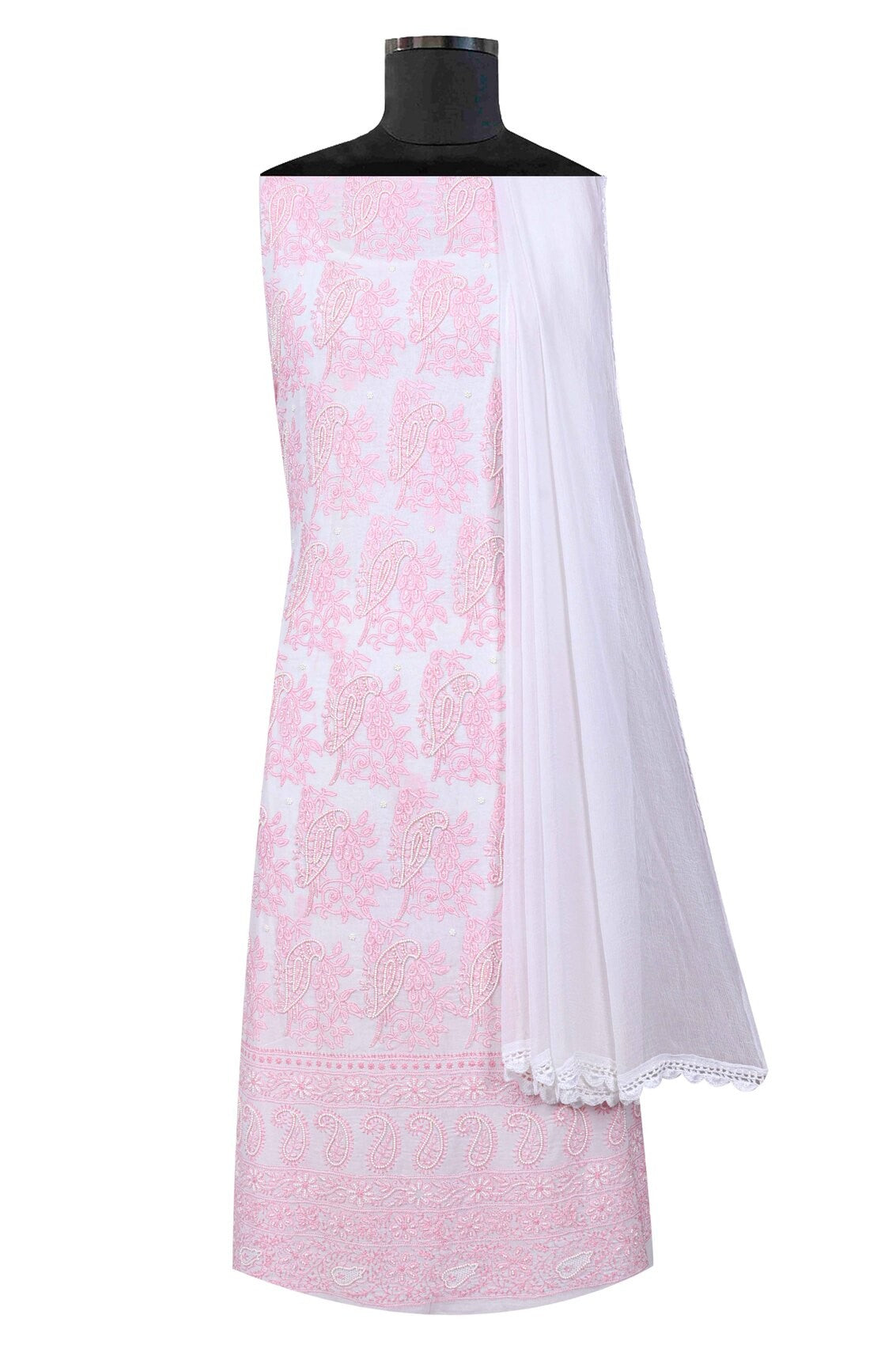 Ada Hand Embroidered White Cotton Lucknowi Chikankari Unstitched Kurta Dupatta Set With Pearl Work A599231