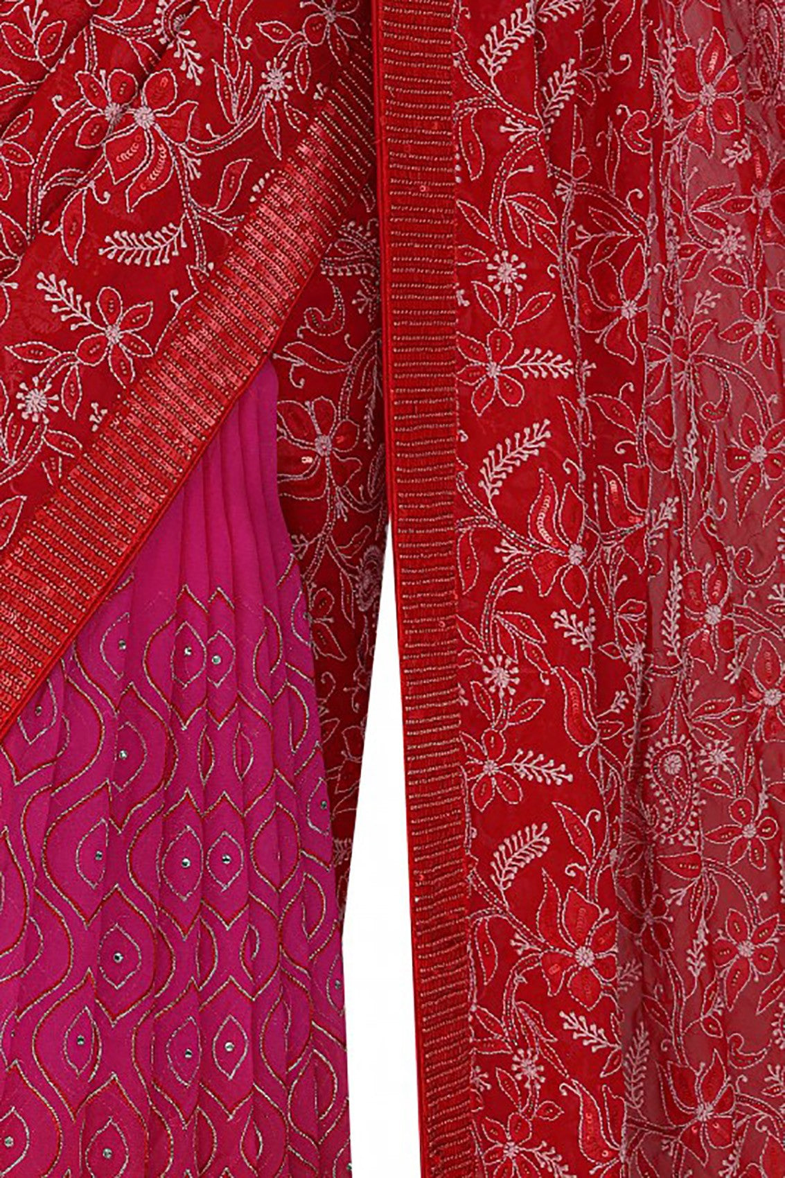 Ada Hand Embroidered Magenta/Red Pure Georgette Lucknowi Chikankari Saree/Blouse  With Pearl Work A4526