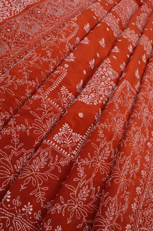 Ada Hand Embroidered Rust Silk Lucknowi Chikankari Saree/Blouse With Cutdana Work A173769