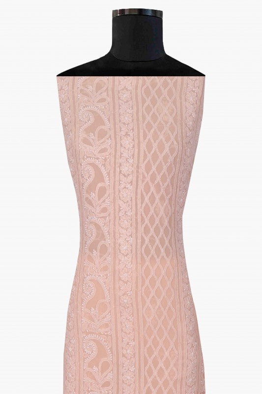 Ada Hand Embroidered Light Peach Pure Georgette Lucknowi Chikan Unstitched Kurta Piece A505479