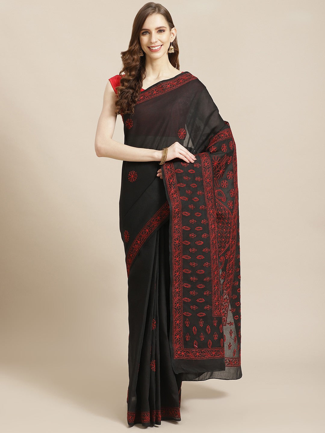 Ada Hand Embroidered Black Cotton Lucknow Chikan Saree With Blouse-A311205