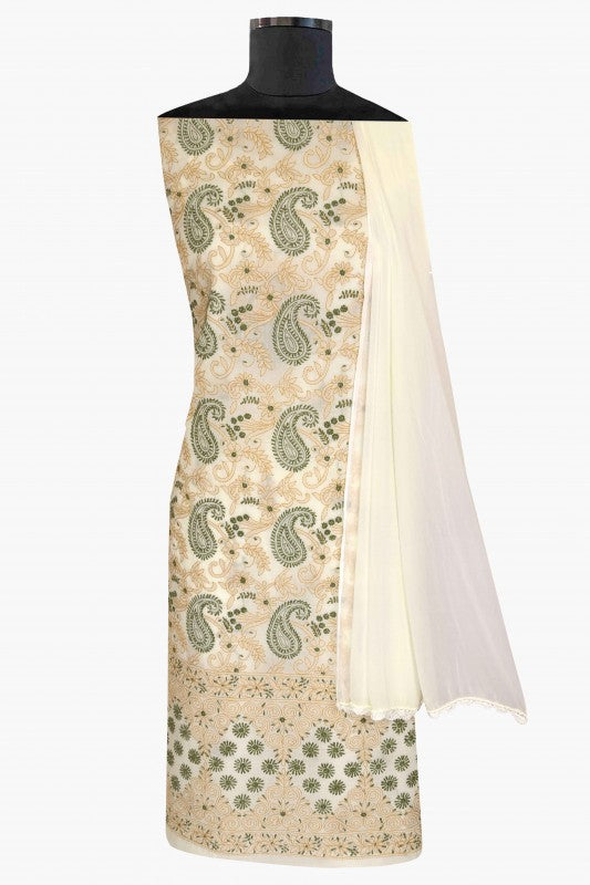 Ada Hand Embroidered Cream Cotton Lucknowi Chikan Unstitched Suit Piece- A211112