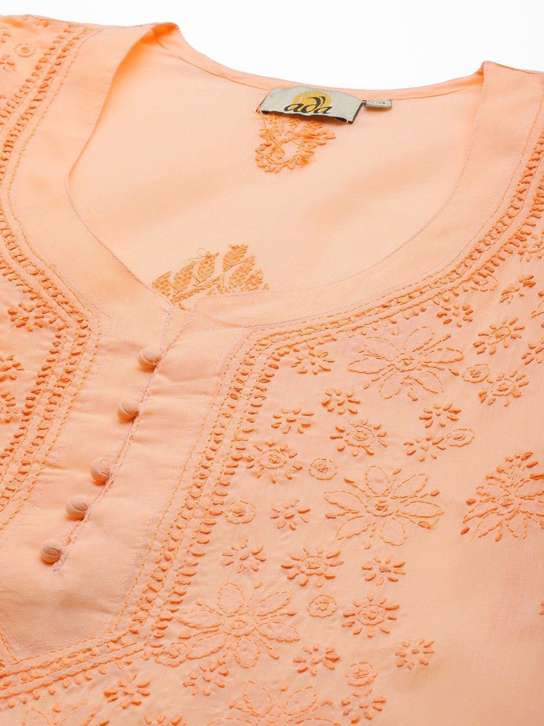 Ada Hand Embroidered Peach Cotton Lucknowi Chikankari Straight Kurta A231406
