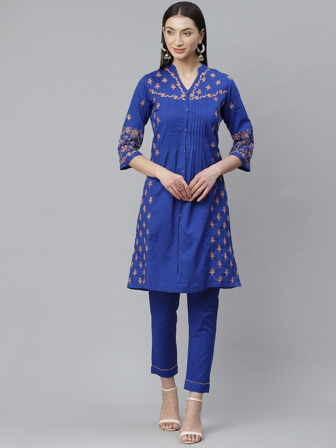 Ada Hand Embroidered Royal Blue Cotton Lucknowi Chikankari Straight Kurta with Trouser Set A811133