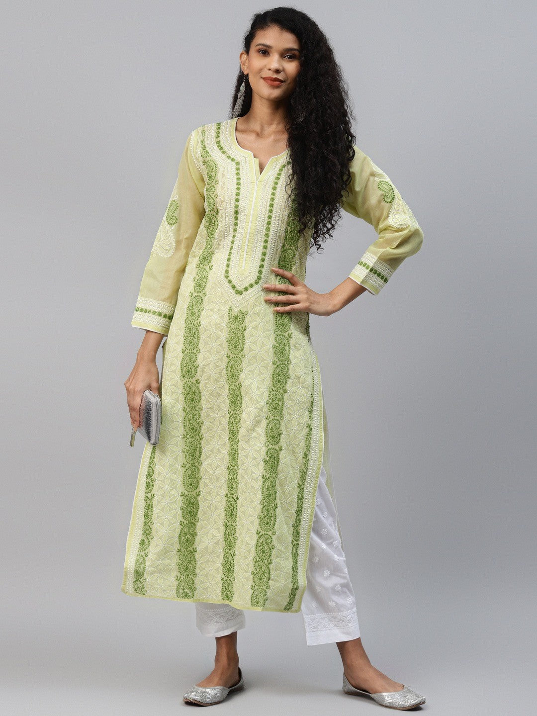 Ada Hand Embroidered Green Cotton Lucknowi Chikankari Straight Kurta A241619