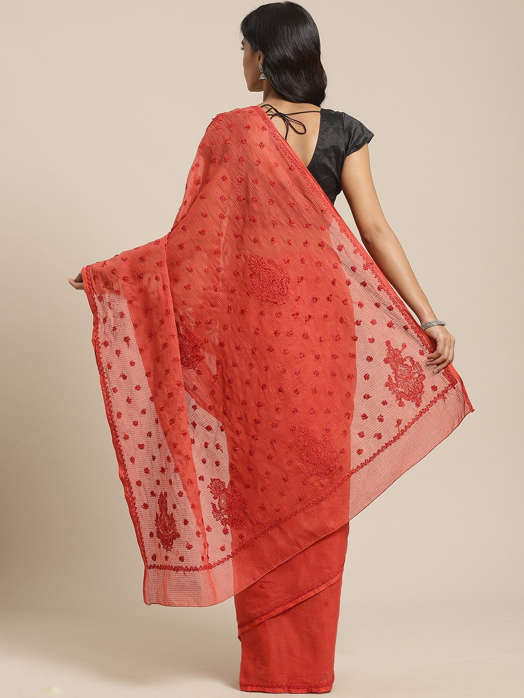 Ada Hand Embroidered Rust Kota Lucknow Chikan Saree With Blouse- A311122