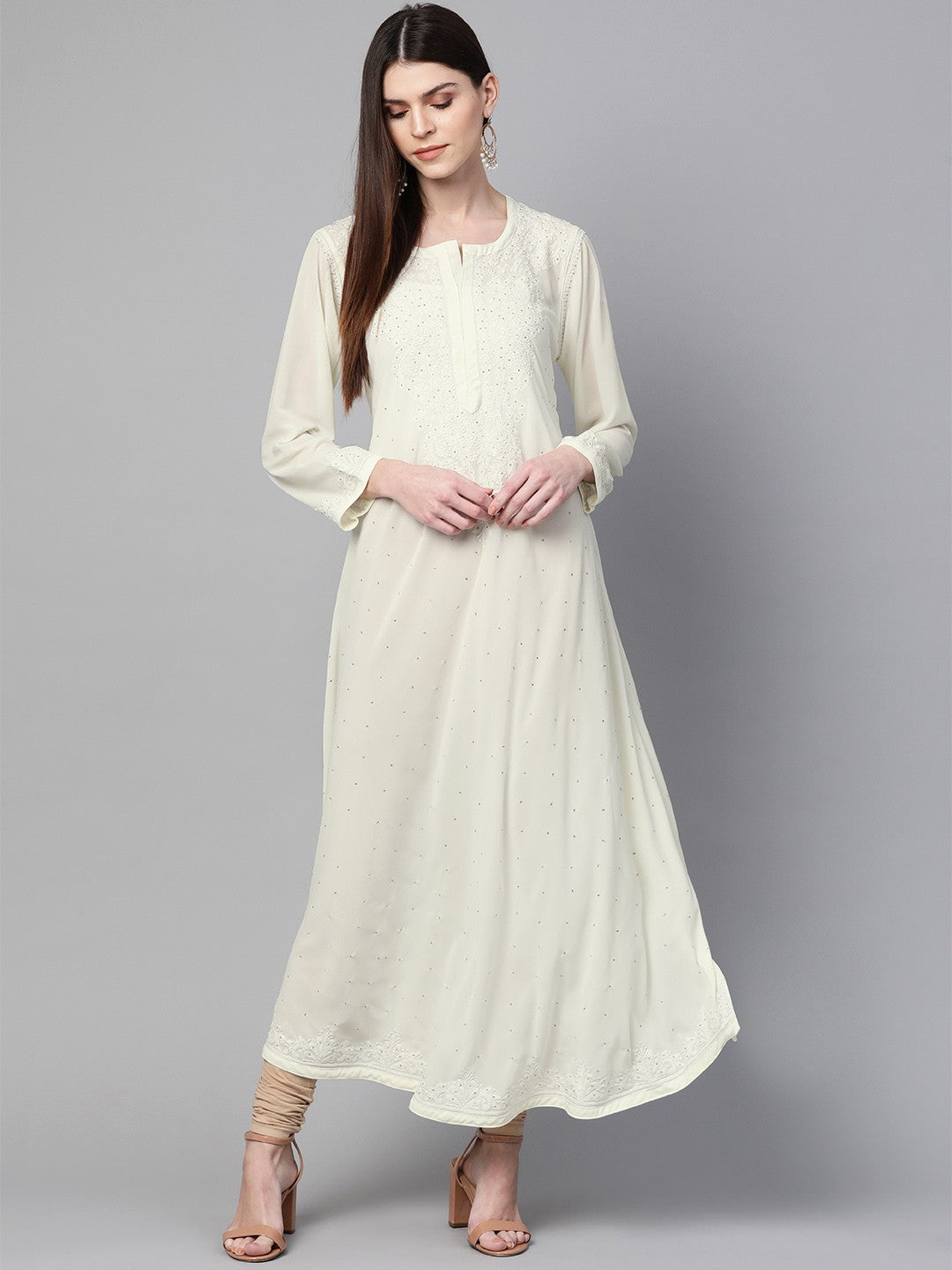 Ada Hand Embroidered Cream Georgette Lucknowi Chikan A-Line Kurta with Muqaish Work A100428