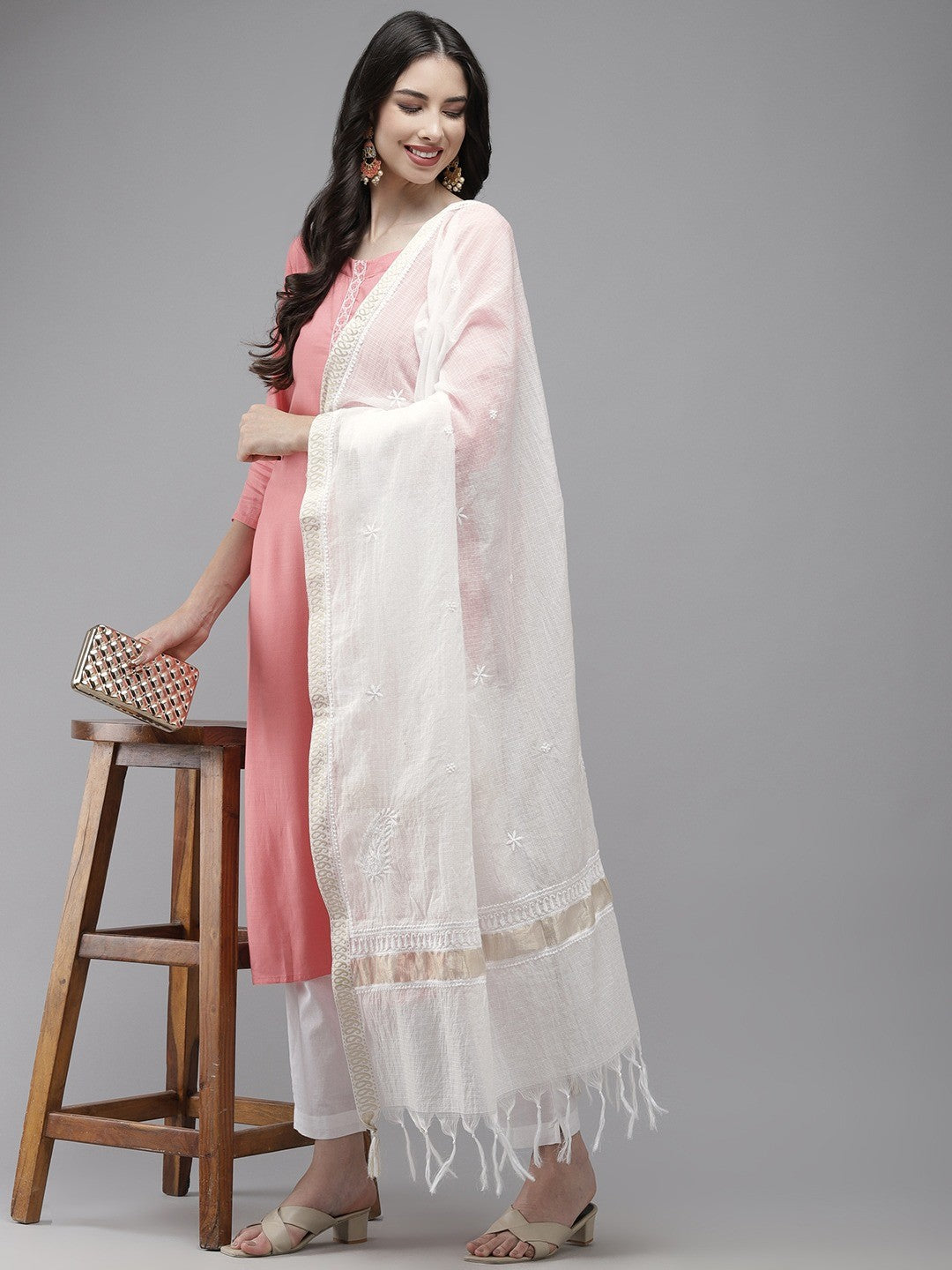 Ada Hand Embroidered White Kota Lucknowi Chikankari Dupatta -A511205