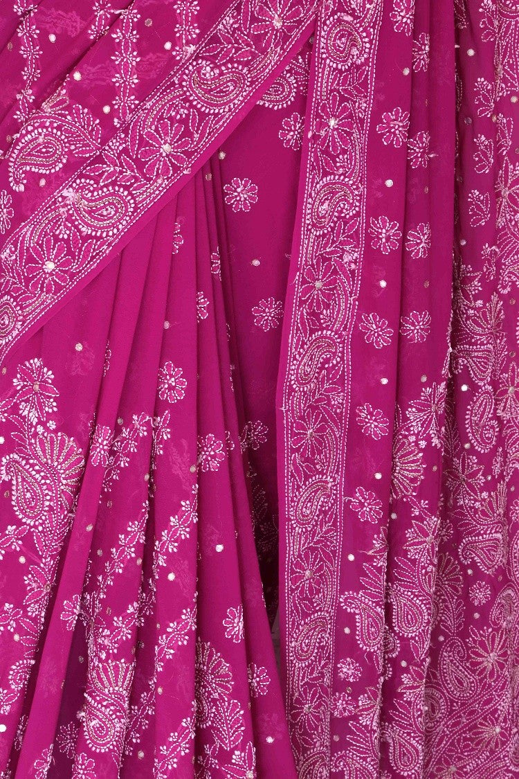 Ada Hand Embroidered Magenta Pure Georgette Lucknowi Chikankari Saree/Blouse With Mirror Work A547583