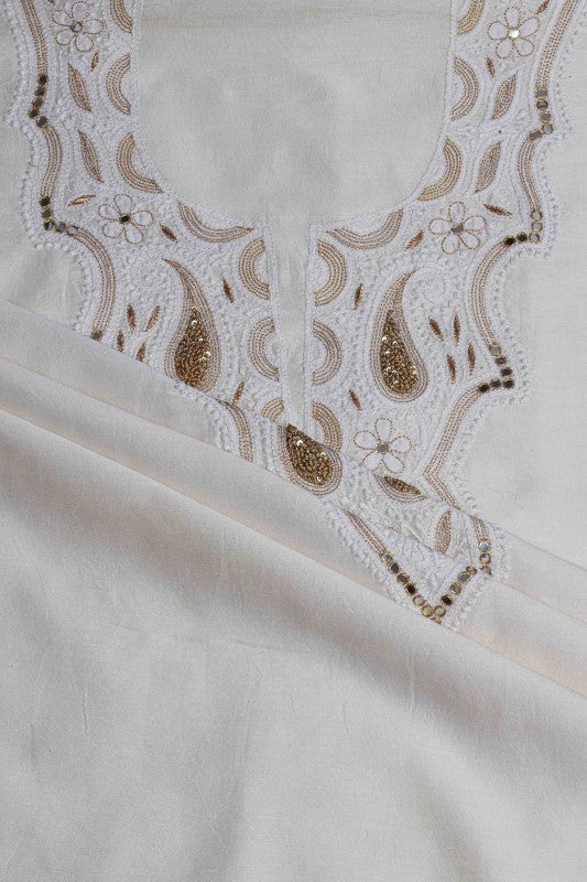 Ada Hand Embroidered White Chanderi Lucknowi Chikan Unstitched Kurta Piece-A485138