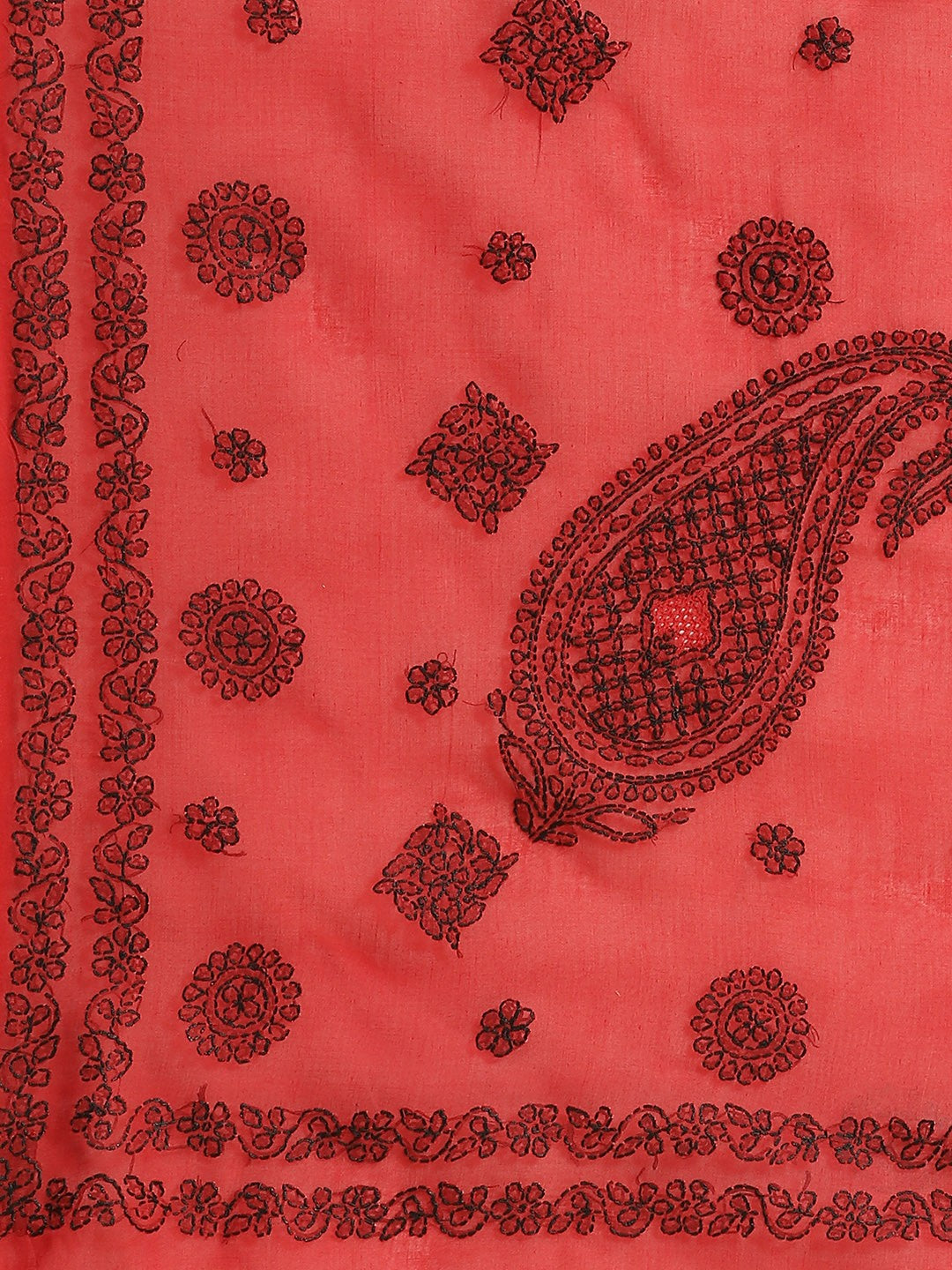 Ada Hand Embroidered Red Cotton Lucknow Chikan Saree With Blouse A311162
