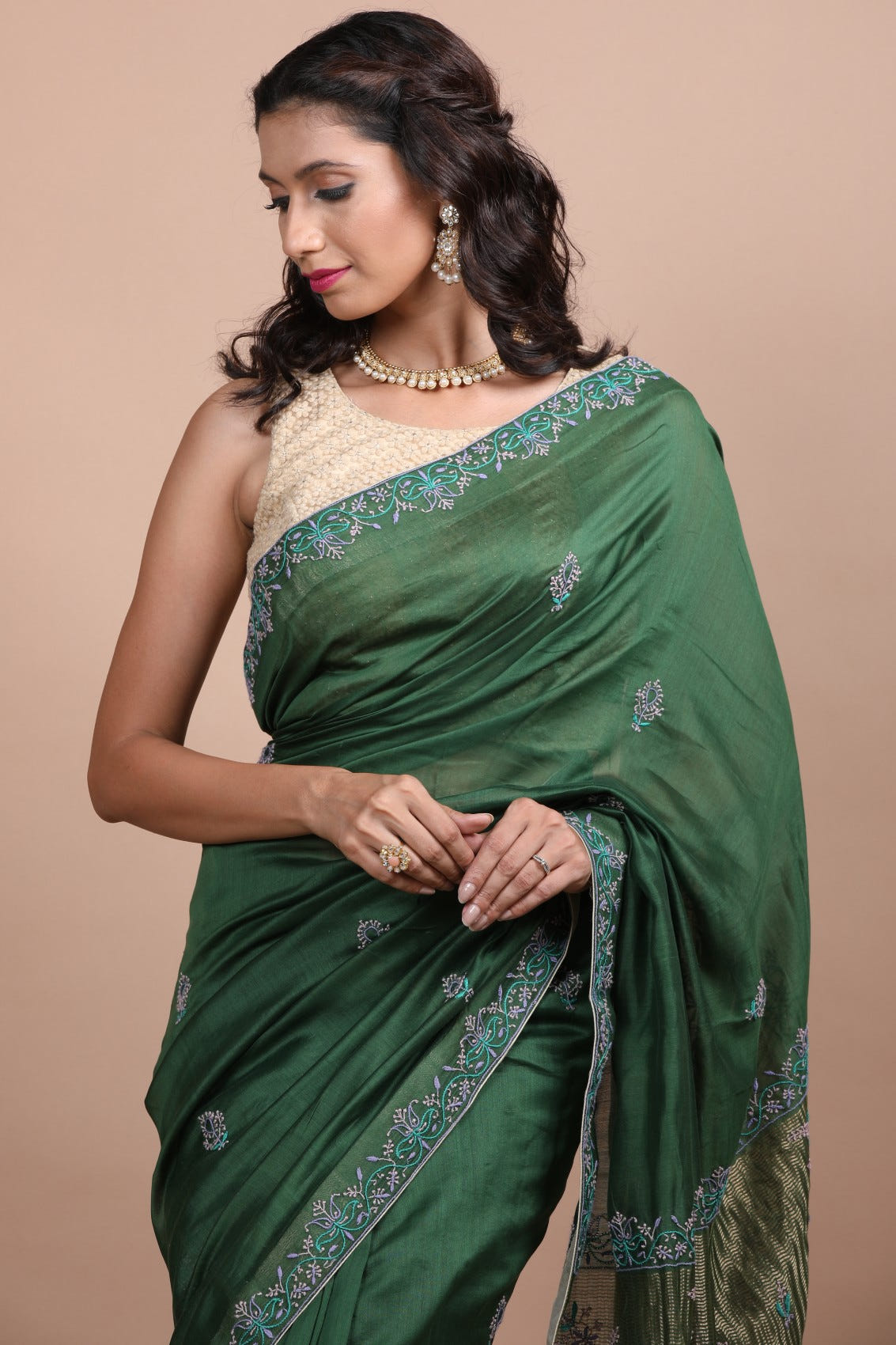 Ada Hand Embroidered Juniper Green Chanderi Lucknowi Chikankari Saree With Blouse A105790