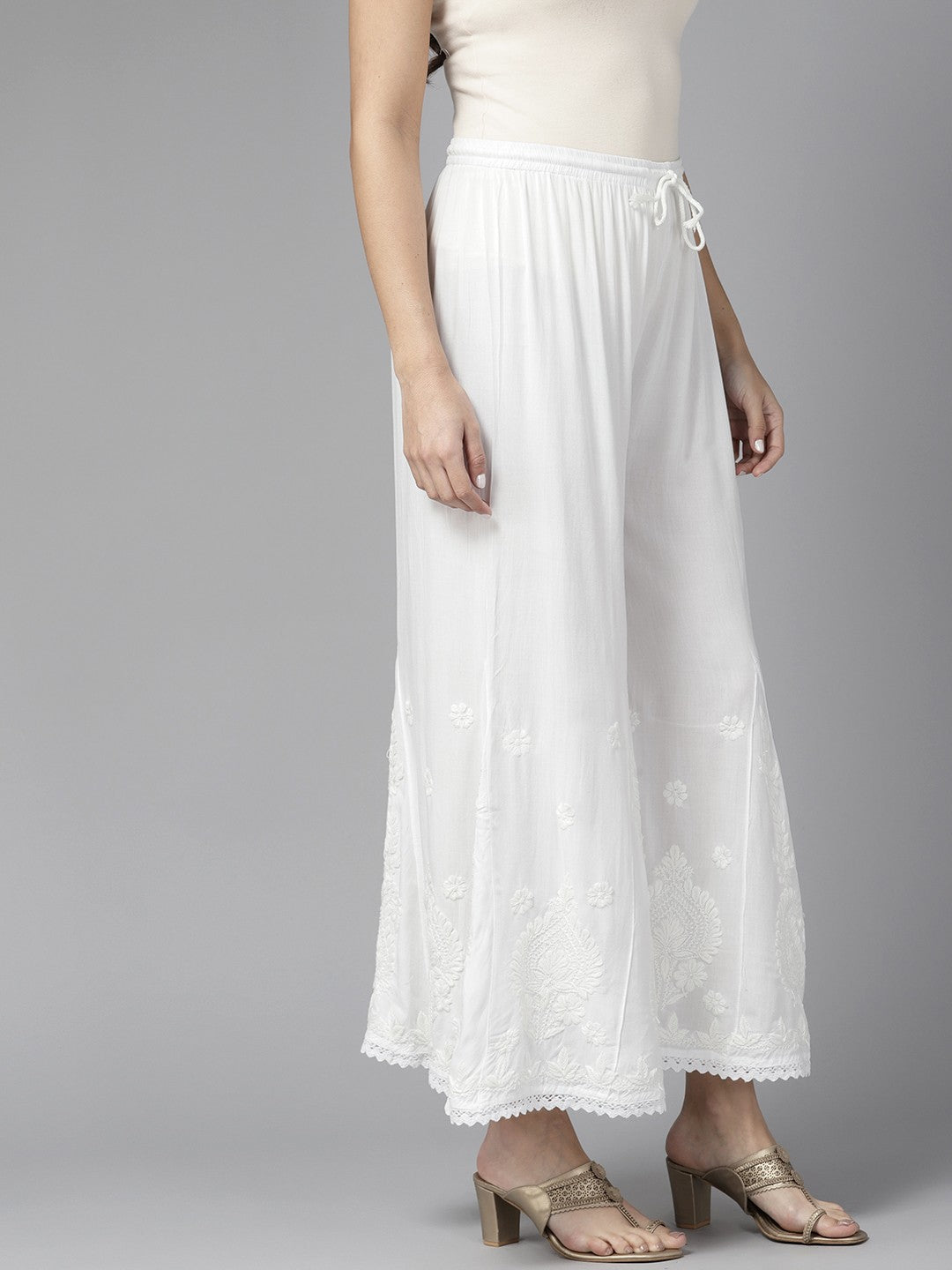 Ada Hand Embroidered White Rayon Lucknowi Chikankari Palazzo A711171