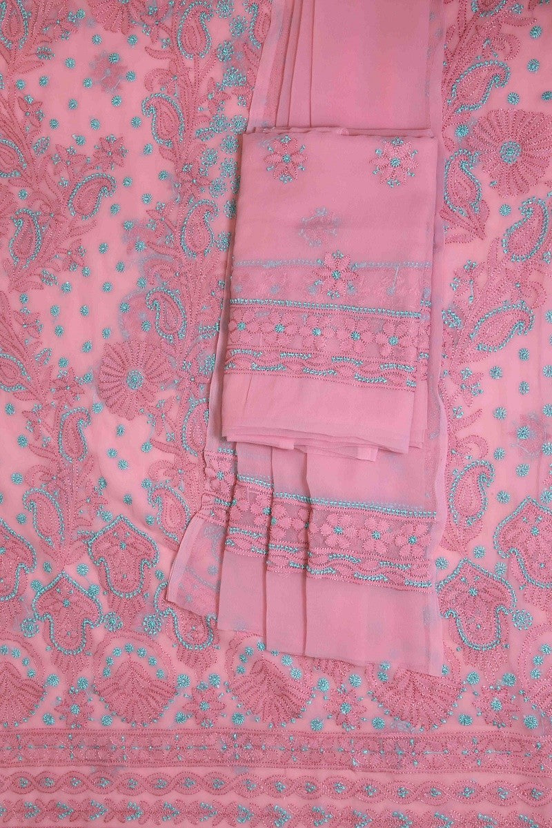 Ada Hand Embroidered Onion Pink Georgette Lucknowi Chikankari Unstitched Suit Piece A211183