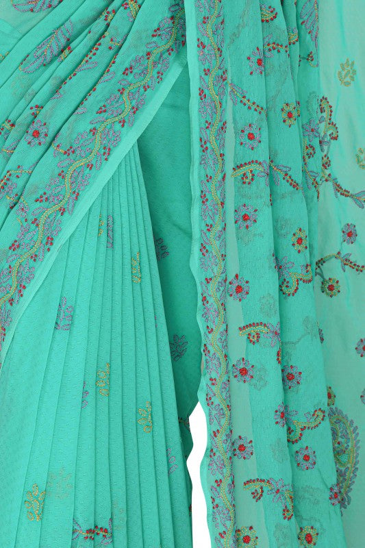 Ada Hand Embroidered Sea Green Georgette Lucknowi Chikankari Saree with Blouse A599500