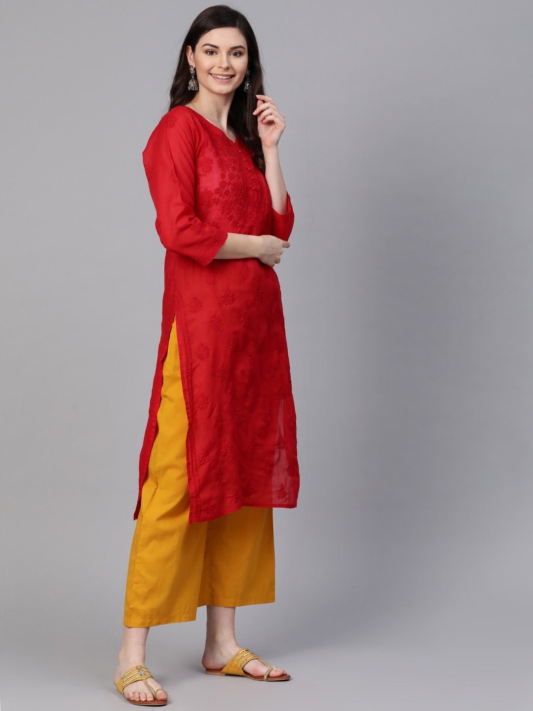 Ada Hand Embroidered Red Cotton Lucknowi Chikankari Straight Kurta A100362