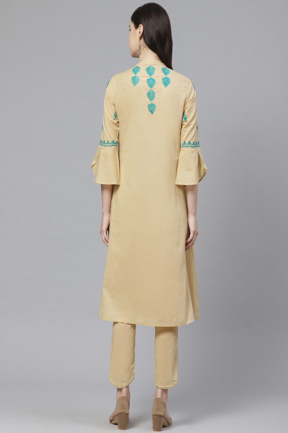Ada Hand Embroidered Beige Cotton Lucknowi Chikankari Kurta with Trouser Set A100319