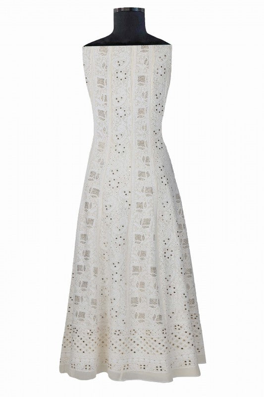 Ada Hand Embroidered White Pure Georgette Lucknowi Chikankari Semi-stitched Anarkali Kurta Dupatta Set With Muqaish Work- A597777