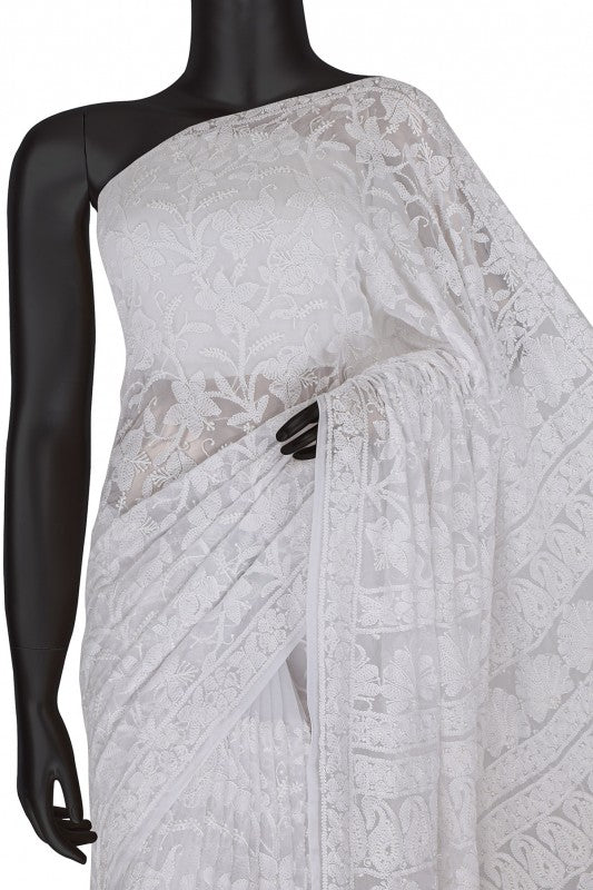 Ada Hand Embroidered White Georgette Lucknowi Chikankari Saree with Blouse A602895