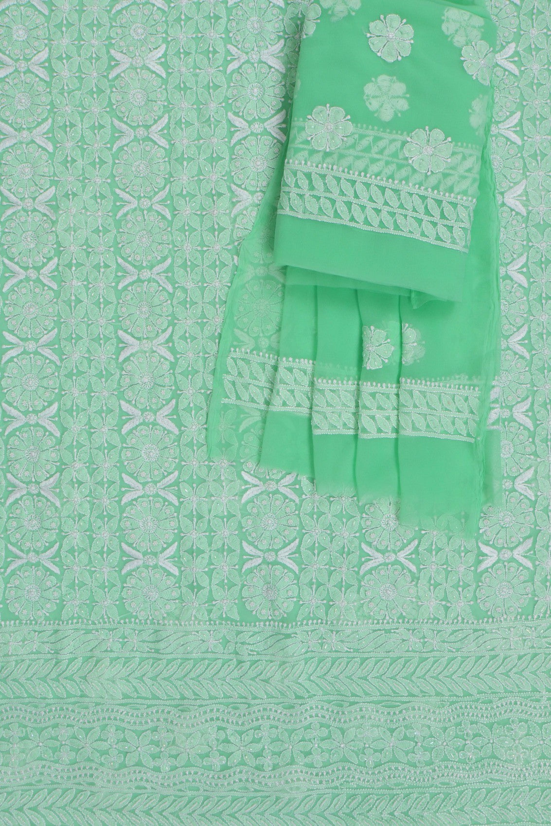 Ada Hand Embroidered Bright Green Georgette Lucknowi Chikankari Unstitched Suit Piece With Pearl Work 01A271033
