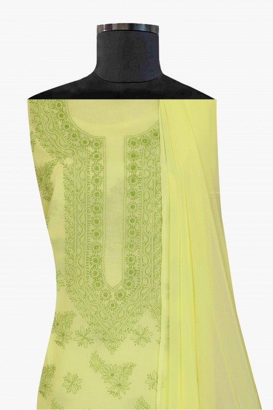 Ada Hand Embroidered Lemon Cotton Lucknowi Chikan Unstitched Suit Piece-A211147