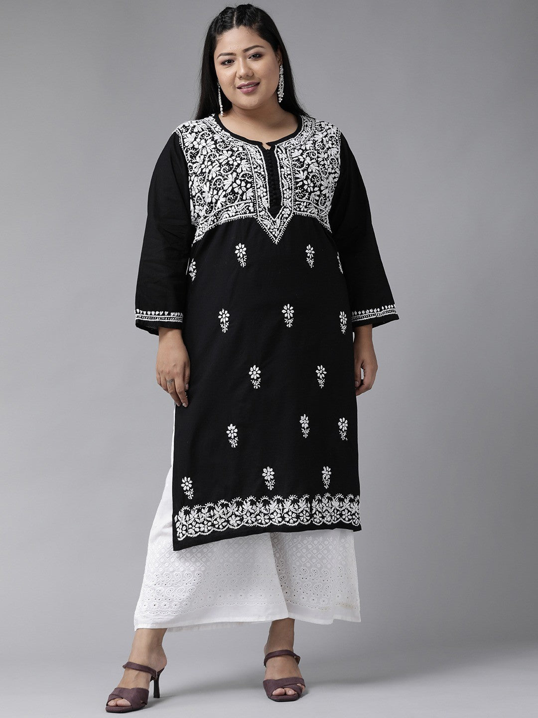 Ada Hand Embroidered Black Cotton Lucknowi Chikankari Straight Kurta A341075